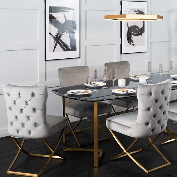 

New Designed Wide Tufted Velvet Modern Velvet Chair Stainless Steel X-based Restaurant Dining Chair for Dining Room