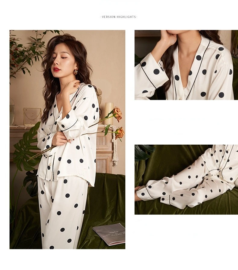 Women's 2 Piece Pajama Sets Dot Print Pijama Suit Ice Silk Pyjama Female Sleepwear Long Sleeve Shirt Trouser Homewear Loungewear