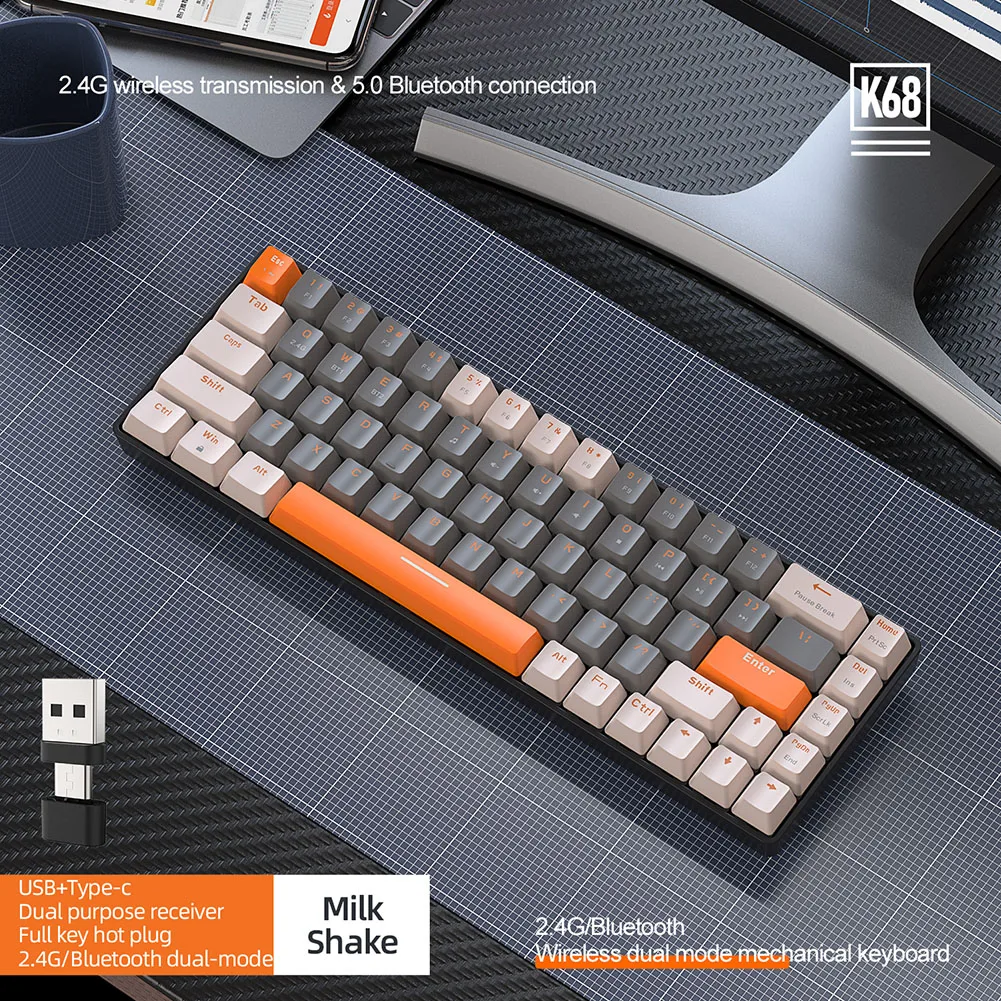 

Bluetooth-совместимая Механическая игровая клавиатура 5,0, 2,4 ГГц, 68 клавиш, беспроводная механическая клавиатура для настольного ПК, ноутбука, компьютера