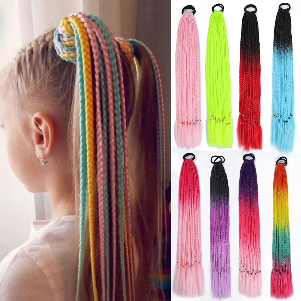 

Synthetic Colored Braided Ponytail Hair Extension Rainbow Color Braids Pony Tail With Elastic Band Girl's Pigtail