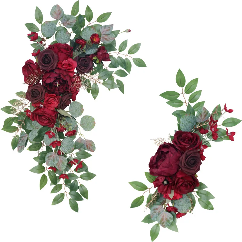 

2pcs Artificial Flowers Wine Red Wedding Backdrop Wreath Decor Welcome Card Sign Corner Wall Props Arrange Arch Fake Flower Row