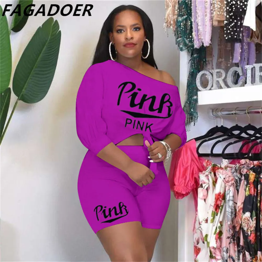 

FAGADOER Casual Sporty Home Two Piece Set Summer Tracksuits Women's Suits Pink Letter Print Top+Biker Shorts Outfits Sweatsuit