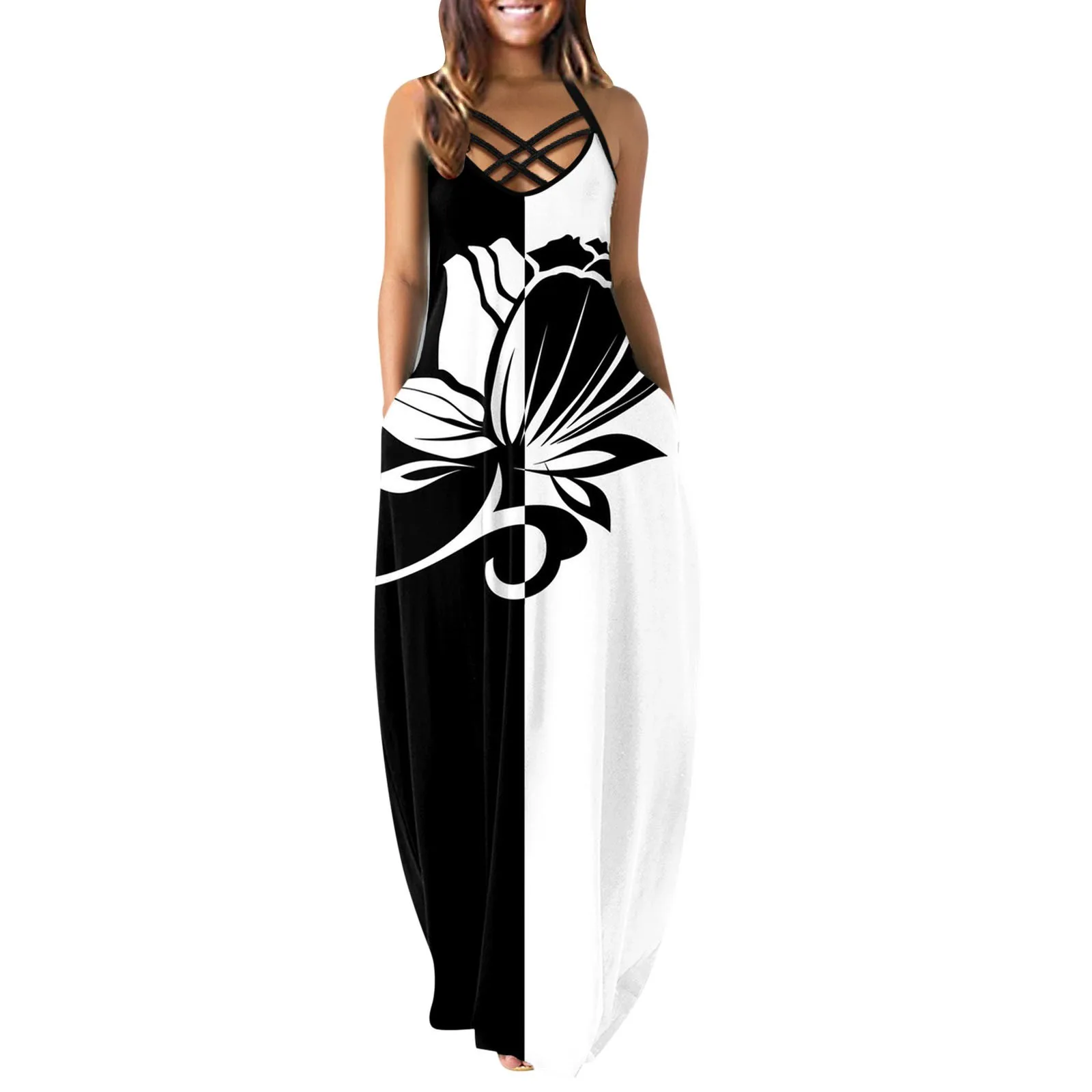 

Женское повседневное длинное платье без рукавов, свободное платье макси с принтом и перекрестными лямками, с карманами и длинным рукавом, ж...