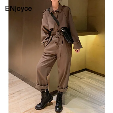 Женский комбинезон с широкими штанинами ENjoyce, винтажный комбинезон для работы в Корейском стиле, Свободный комбинезон с широкими штанинами, комбинезон для весны