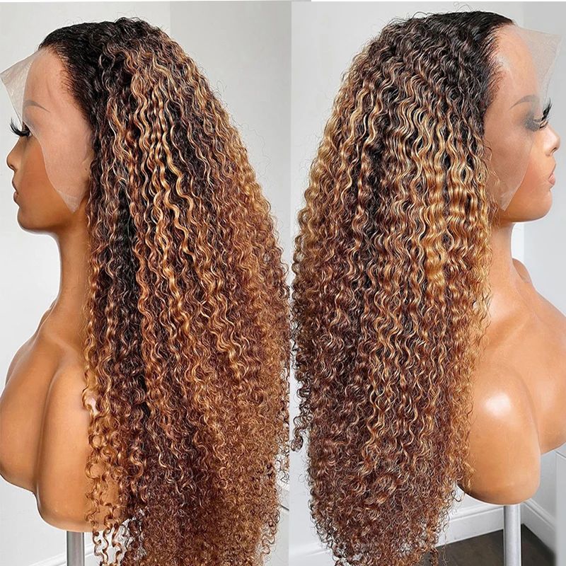 

Soft 26Inch Long Ombre Honey Blonde Kinky Cruly 180Density Lace Front Wig for Black Women BabyHair Glueless Preplucked Daily