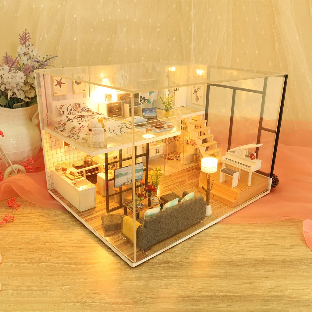 

Toddler Sensory Gifts Miniature House DIY Puzzle LED Wooden Creative Furniture Decorate 3D House Alphabet Magnets for Toddlers