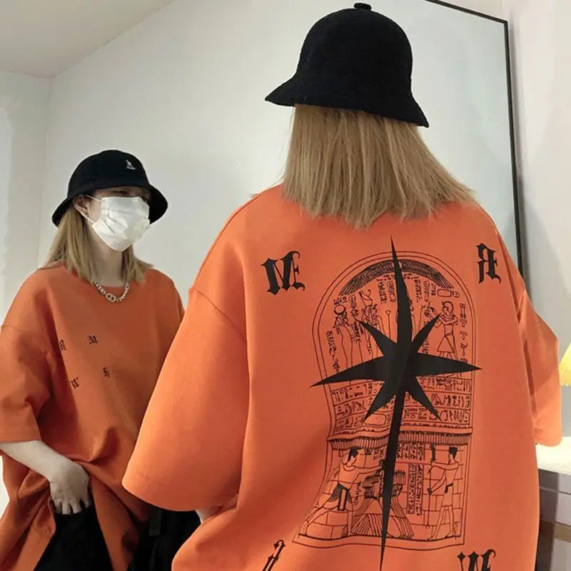 

American style retro mural black star pure cotton t-shirt top men and women oversize summer loose casual couple short sleeve top