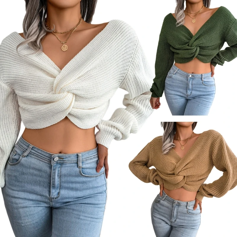 

Womens Cross-Knot Slouchy Sweater Tops Comfortable Knitwear Pullover Shirt