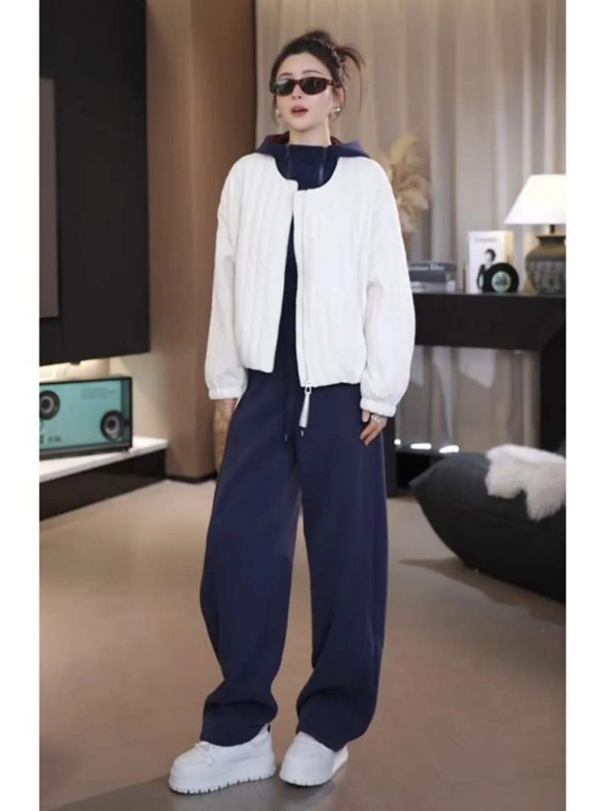 Plus Size Navy Blue American Drape Straight Pants Loose Sweat pants Women High Waist Slimming Casual Wide Leg Sweatpants Wint...