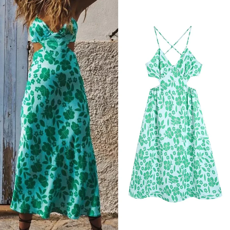 

2022 Summer Women Fashion Cutout Silk Satin Texture Slip Dress Beach Wind Sleeveless Backless Cross Female Long Dress BB22415