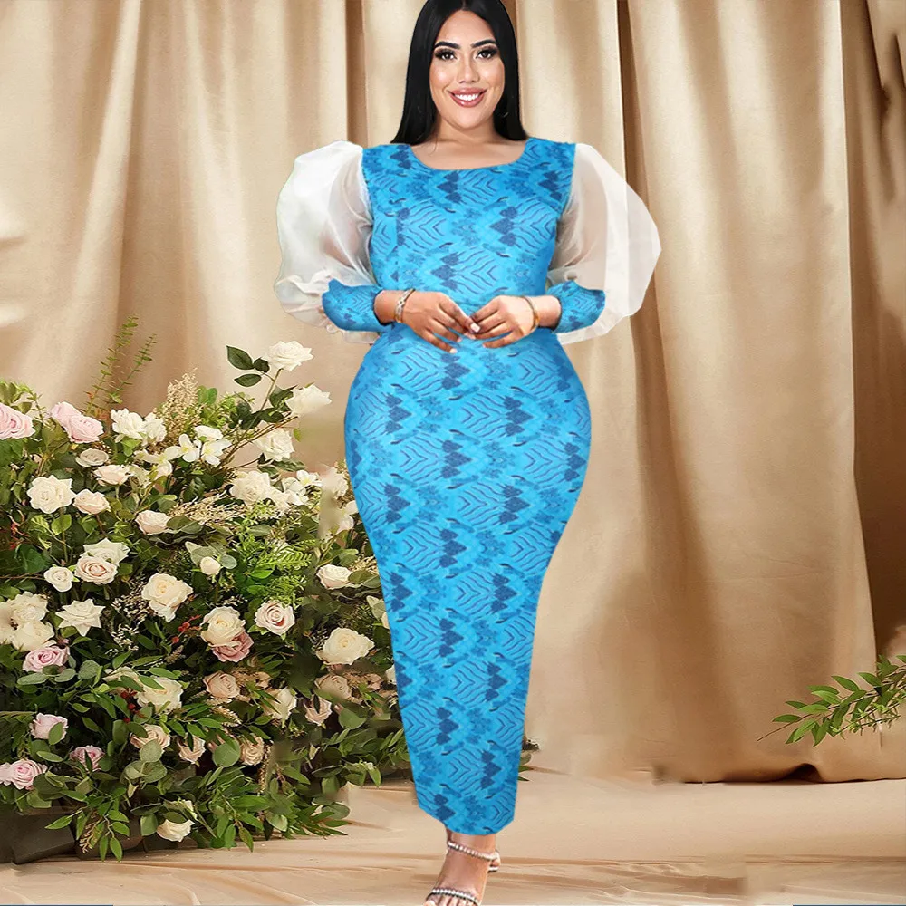 

Women's Birthday Party Dress Round Neck Puff Sleeves Printed Spliced ​​Sheer Long Sleeves Round Neck Midi Dress 2022 Africa