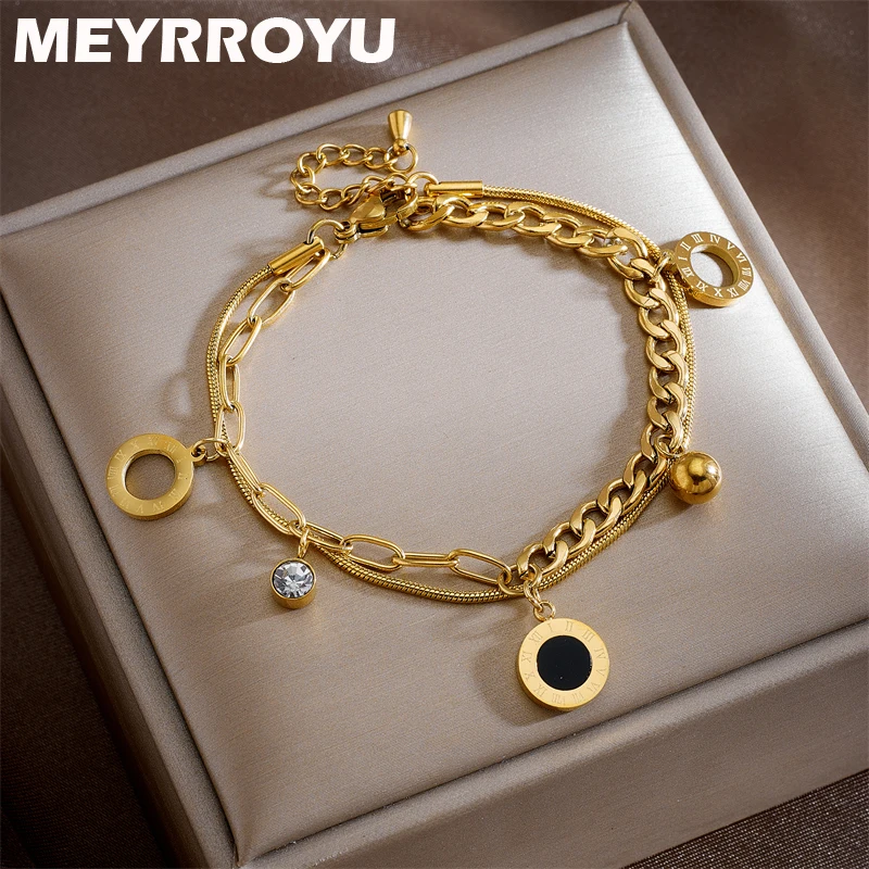 

MEYRROYU 316 Stainless Steel New Tssel Round Bead Double Layer Link Chain Bracelet For Women Wedding Gifts Bijoux Pulsera