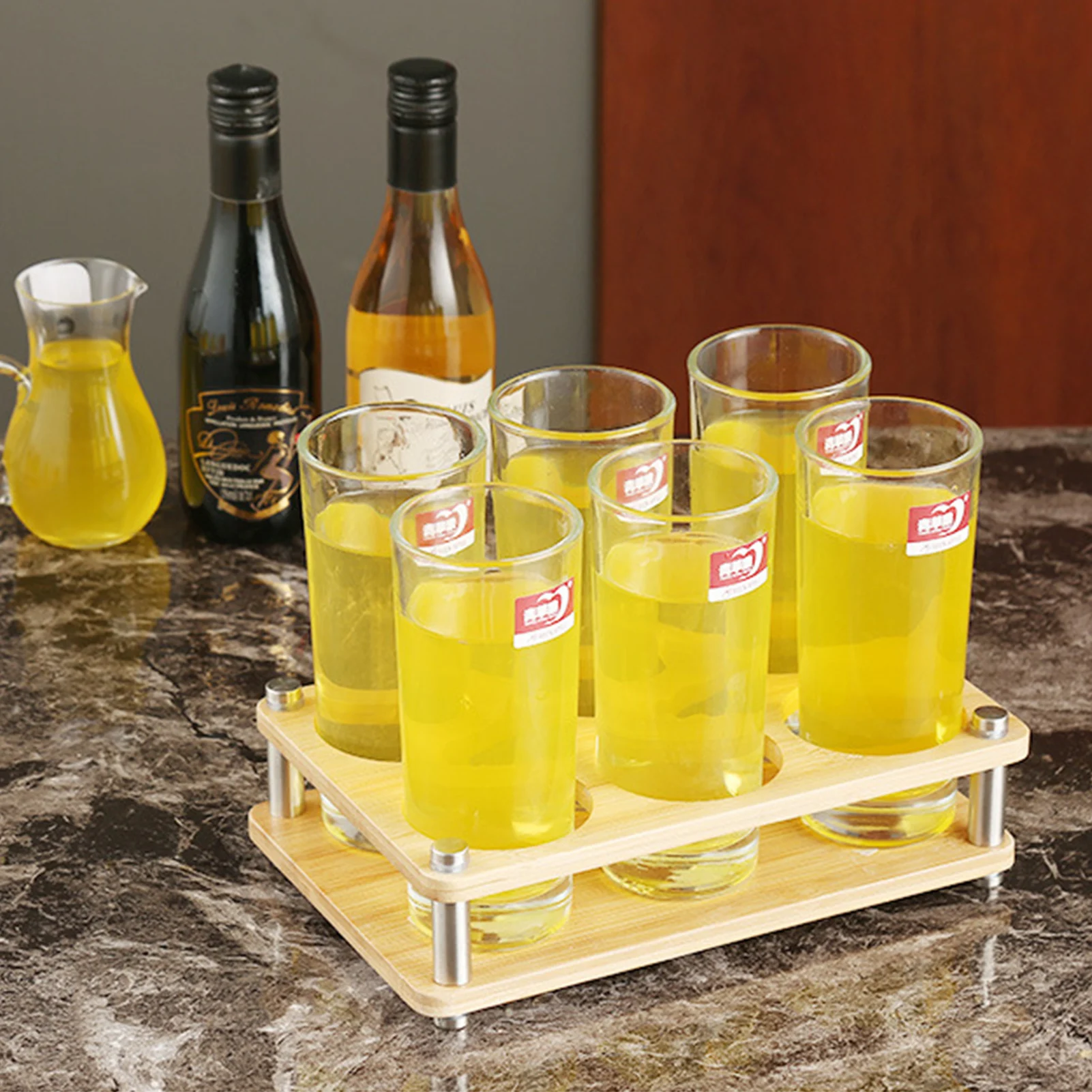 

6-Hole Bamboo Shot Glass Holder Rack Barware Whisky Cup Serving Tray, Shock Resistant & Wear Resistant Kitchen Supplies