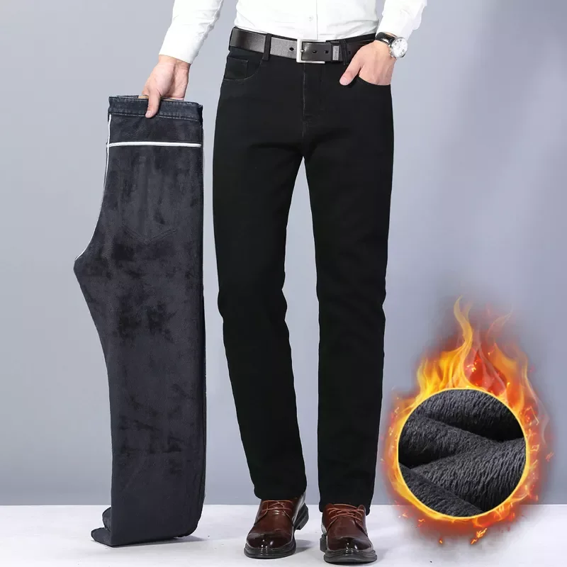 New2022 Winter Black Denim Jeans for Men Fleece Thicker Warm Jeans Pants Good Quality Men Stretch Straight Fit Long Jeans Size 4