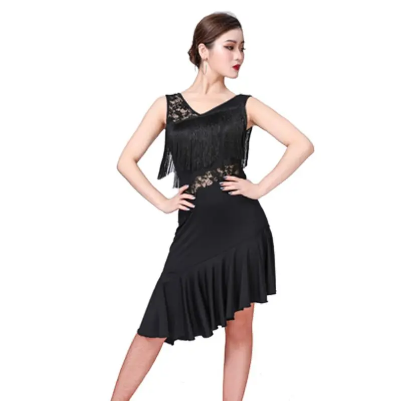 Women Dace Dress Lace Vest V-Neck Sleeveless Fringed Latin Dancing Performance Exercise Clothes