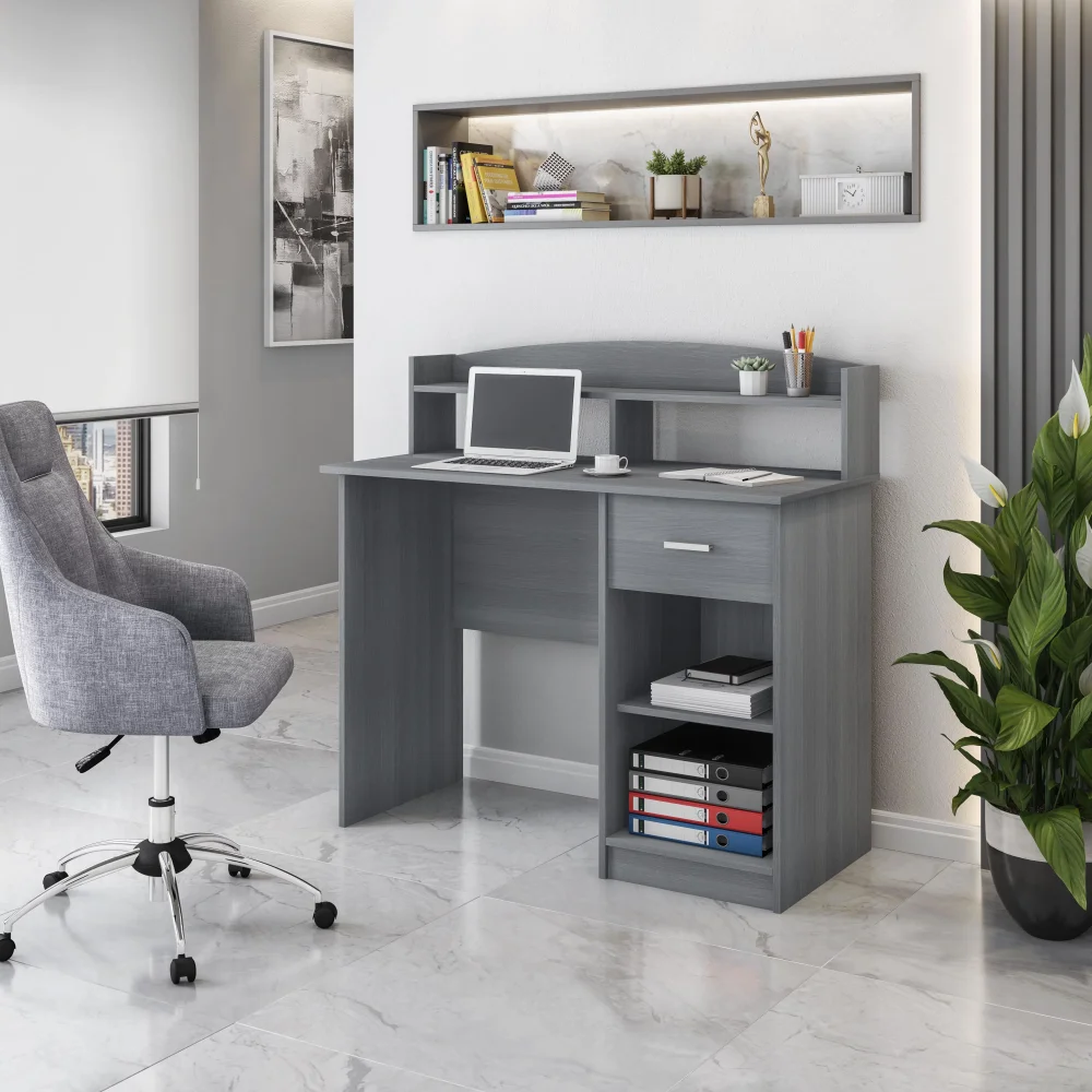 

Modern Office Desk with Hutch, Grey Computer Office Table