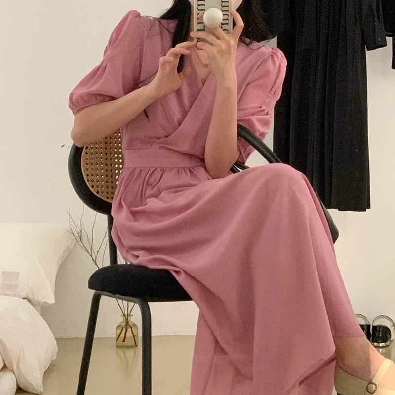 

Платье ZCSMLL женское длинное с V-образным вырезом, шикарное однотонное тонкое платье с завышенной талией, с рукавами-фонариками, в Корейском с...