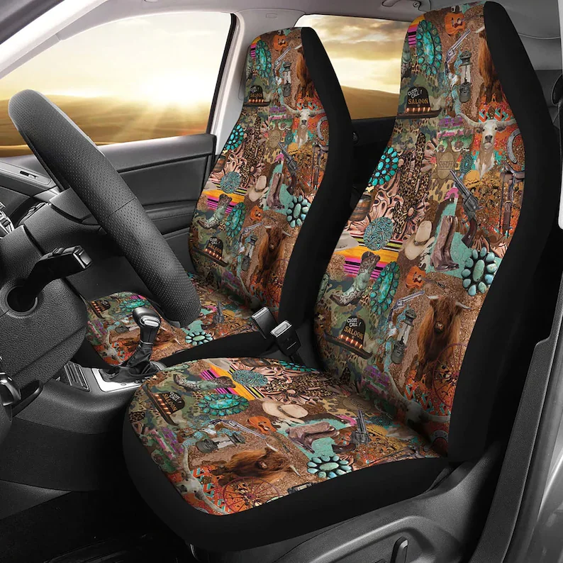 

Western Cowboy Hipster Pattern Car Seat Cover 2 Piece Southwest Ranch Design with Cactus Cow and Cowboy Items