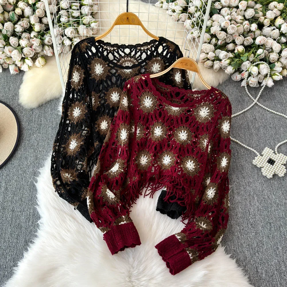 Винтажный элегантный вязаный Топ с круглым вырезом цветочным узором и вырезами