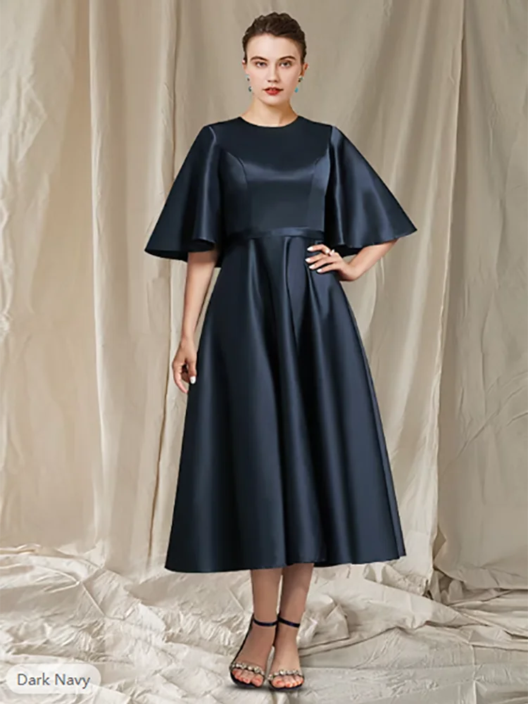 

Fashion Dark Navy A-Line O-Neck Satin Mother of the Bride Dress Formal Wedding Guest Elegant Women Tea Length Shawl Cap Sleeve