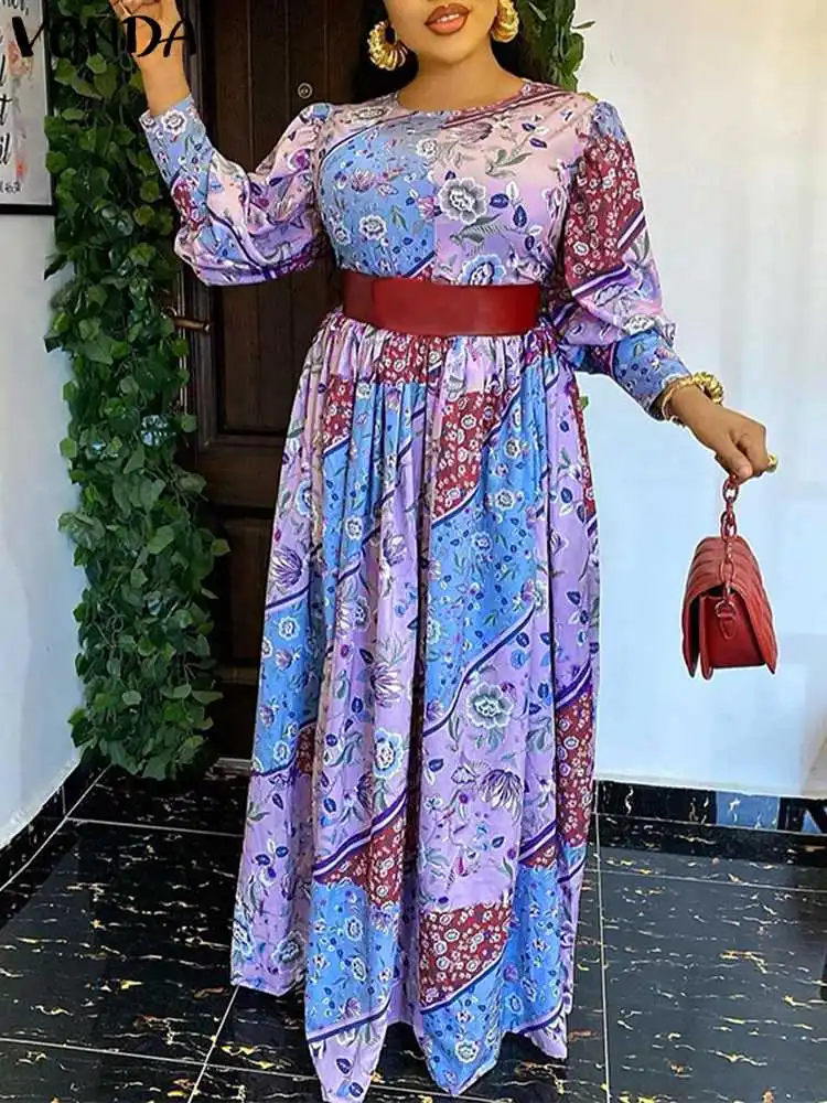 

VONDA Women Summer Floral Printed Dress Casual Long Sleeve Sundress Femme Robe Retro Party Dress Long Maxi Vestido Oversized