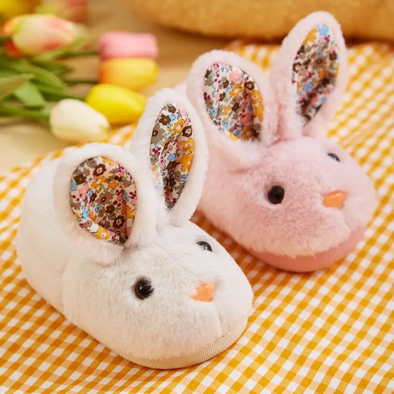 Kawaii White Bunny Slippers Babi Shoes Cute Winter Rabbit Bootie Slippers Children Infant Warm Fur Loafers Girl Indoor Slipper