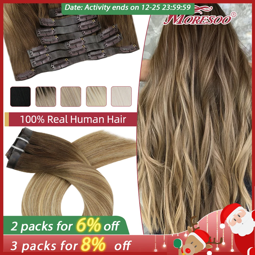 Moresoo PU Clip in Extensions Real Human Hair Straight Seamless Invisible 7pcs Balayage Ombre #3/8/22 Machine Remy Hair Natural