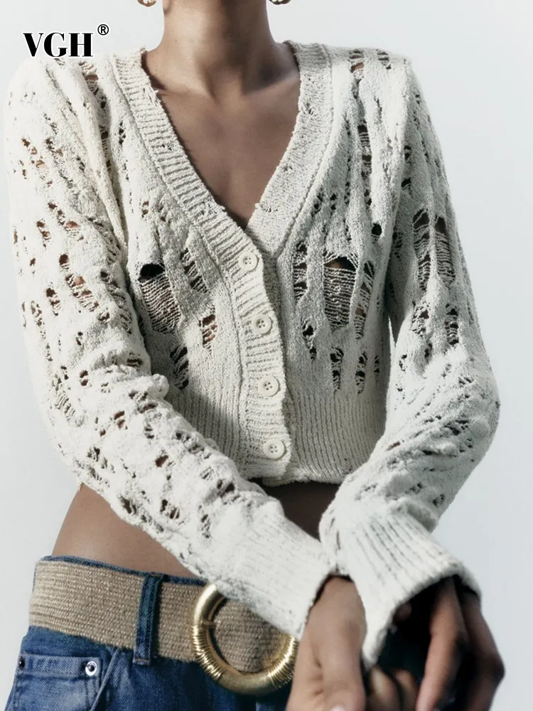 

Женский трикотажный свитер с вырезами VGH, однобортный облегающий свитер с v-образным вырезом и длинным рукавом, одежда в стиле пэчворк
