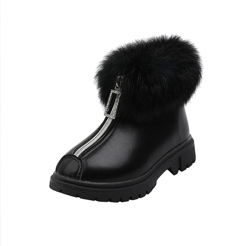 

Children's Ankle Boots For Girls Warm Cotton Fluffy Fur Winter Kids Boots Front Zipper Rhinestone Zip Princess Sweet Chic 26-36