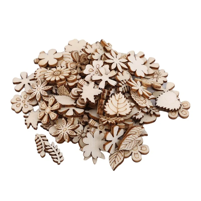 

100PCS Mix Wooden Pieces Creative Flower Leaves Cutouts Slice for Diy Wooden Art Decoration Home Party Doodle Scrapbooking