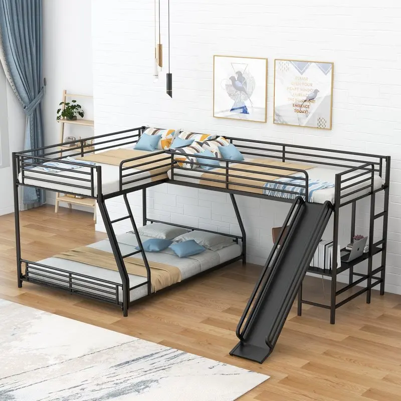 

L-Shaped Twin over Full Bunk and Loft Bed with Desk for Kids, Black