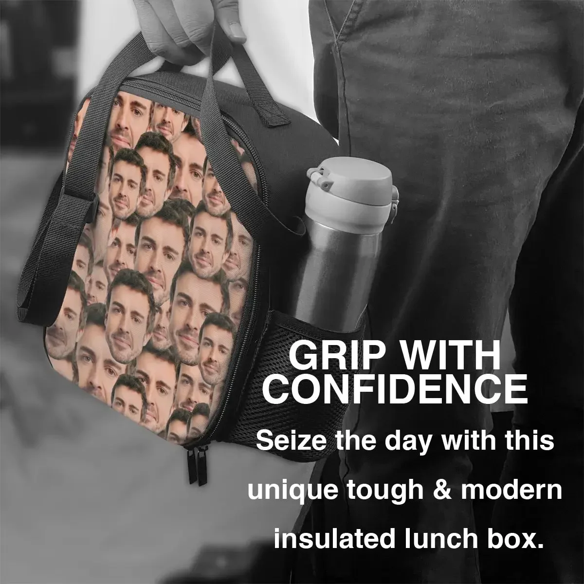 Изолированные ланч-боксы с логотипом Fernando Alonso и Alpino спортивный автомобиль