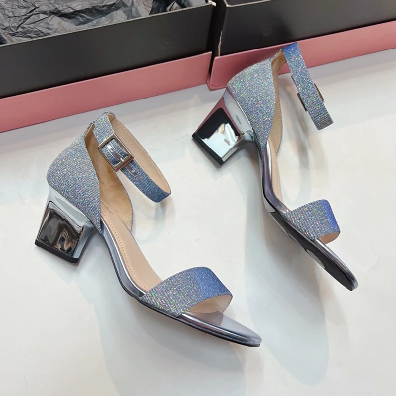 

Beige Heeled Sandals Comfort Shoes for Women All-Match Black Closed High Girls Fashion Strange Fabric Solid Square heel Buckle S