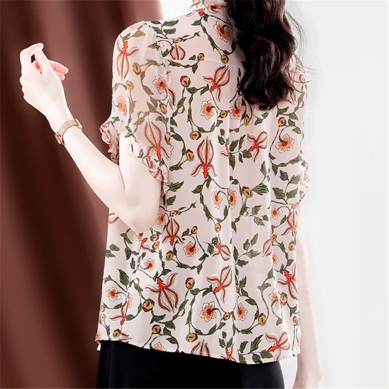 

Summer Fashion Ruffle Floral Print Short Sleeve Blouse Women Casual Elegant Chic Sweet Lace Up Loose Ladies Tops Chiffon Shirts