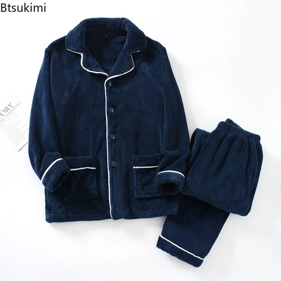 New Autum Winter 2PC Thick Flannel Men Pajamas Sets Thermal Warm Long Sleeve Trousers Male Homewear Pants Coral Fleece Sleepwear