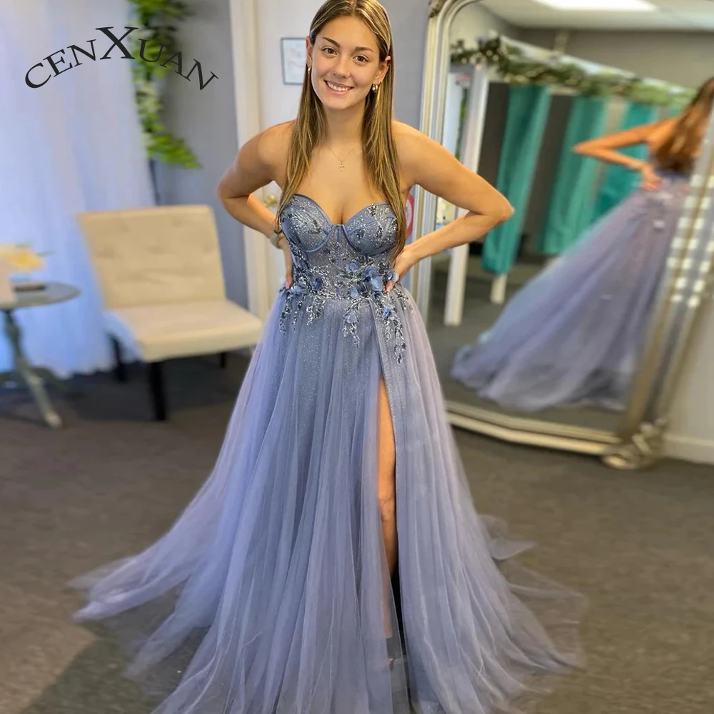 

CENXUAN Charming Sweetheart Prom Dresses For Women Sparkly Tulle Beads Split Off the Shoulder Vestido De Noche Personalised