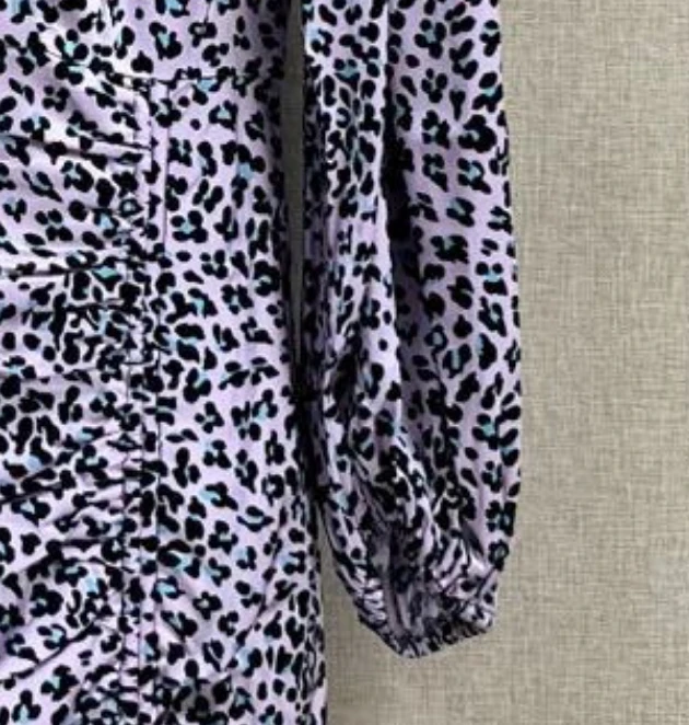 Spring and Summer New Women Dress Shirring Color Matching Leopard Print V-neck Long-sleeved Mini Dress