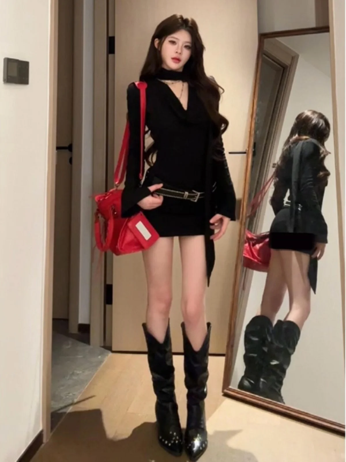 Цельное платье American Sle Gyaru с висячим вырезом и длинными рукавами. Женская одежда.