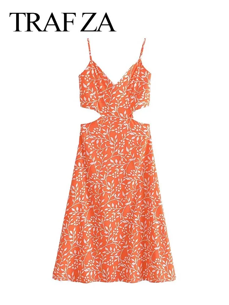 

TRAF ZA Elegant Lady Sling Dress Sleeveless Print Leaf Pattern Breast Wrap Top Lace Up Bow Backless Waistless Slim Sexy Elegant