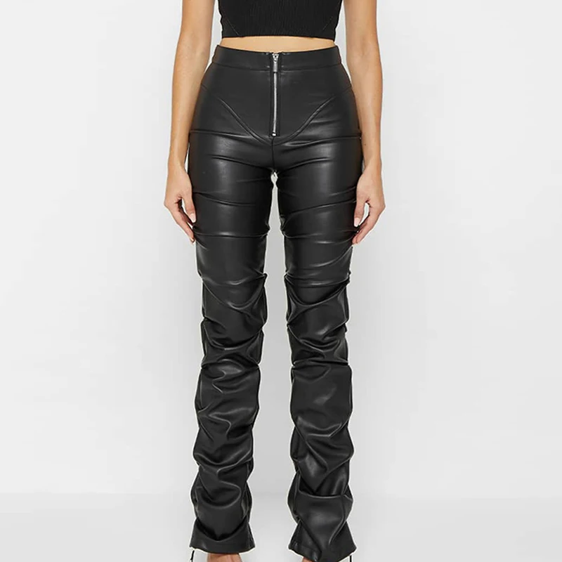 

Fashion Pu Faux Leather Stacking Pants Women Solid High Waist Ruched Zipper Slim Trousers Female Sexy Street Outfits Wholesale