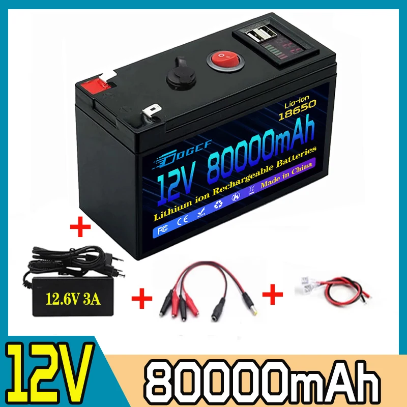 High-Performance12V 80000mAh 18650 Lithium Battery Pack For Rechargeable Electric Vehicle Battery+12.6V 3A Free Fast Charger
