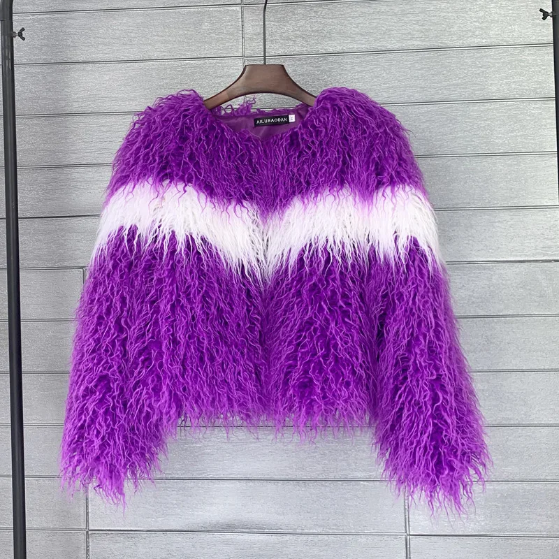 Winter Women's Short Coat Lamb Hair Cardigan Splice Color Contrast Imitation Fur Coat