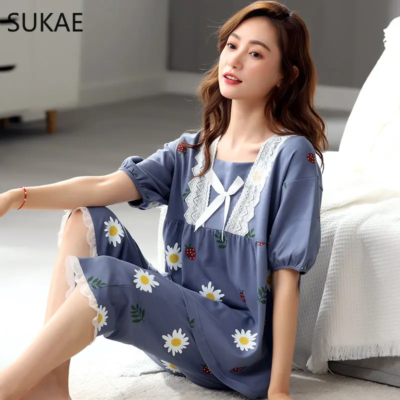 SUKAE Capris Cotton Woman Pajamas Summer Elegant Womens Cropped Pants Sleepwear Floral Printing Pedal Pushers Homsuits for Women