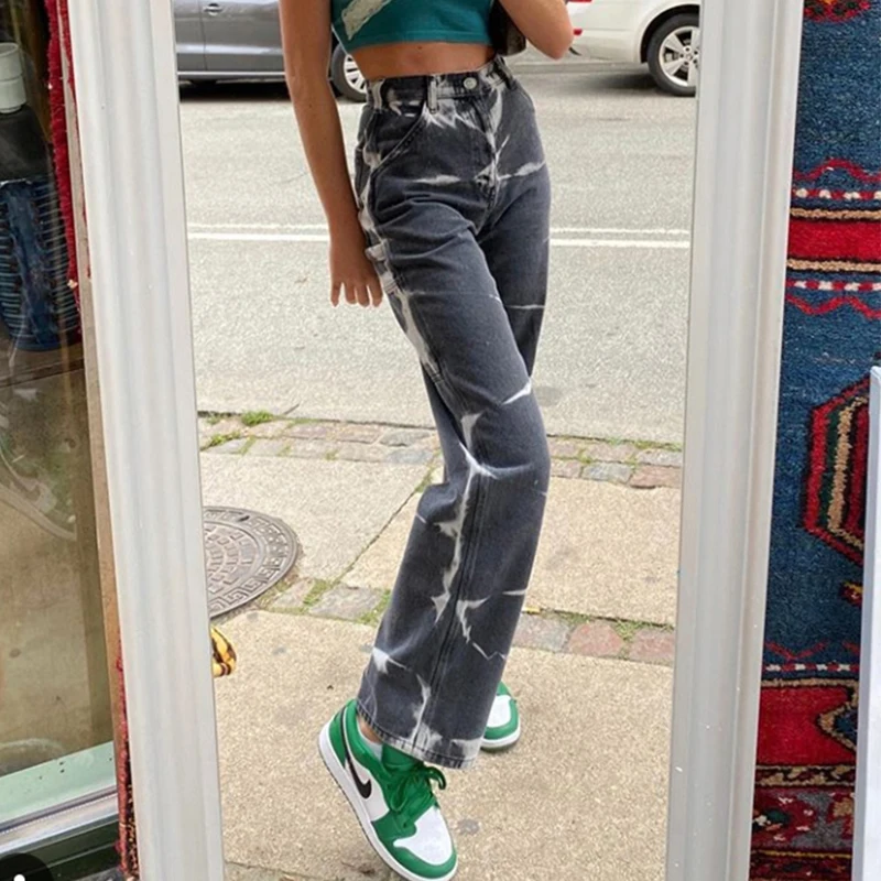 

Tie Dye Print Hot Baggy Jeans Joggers Women Streetwear Vintage Aesthetic Straight Denim Pants High Waist Mom Jeans Aoottii