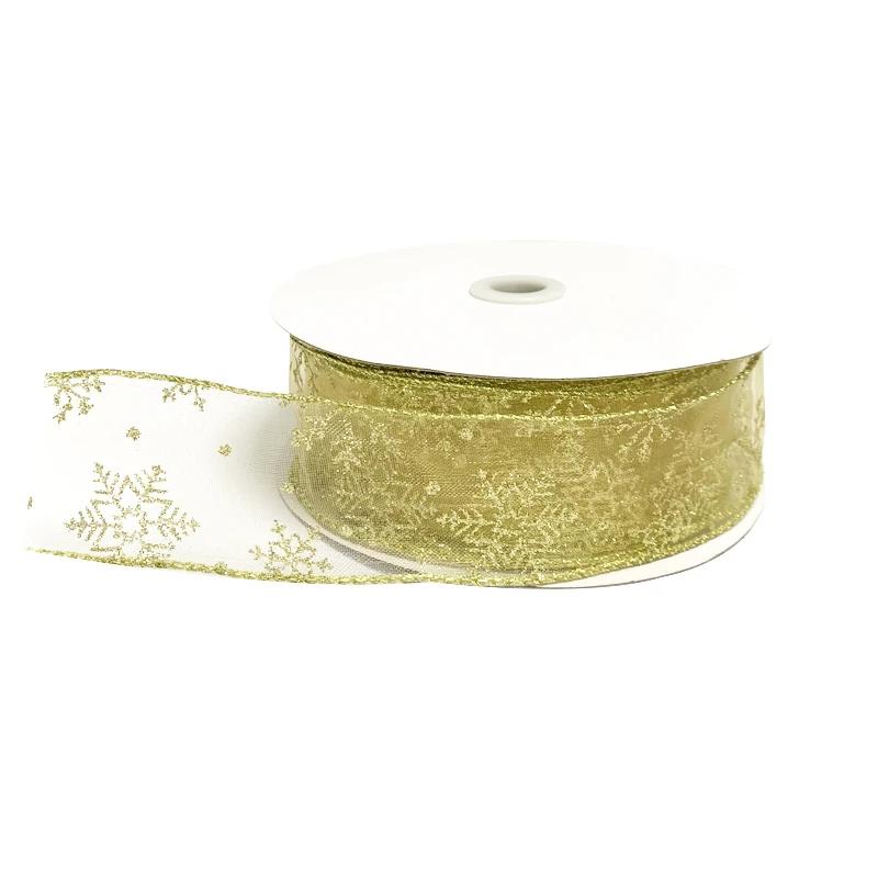 

25 Yards/Roll 50mm Spool Ivory/Gold Snowflake Wired Sheer Glitter Ribbon for Christmas Tree Decoration Gift Wrap DIY Handmade