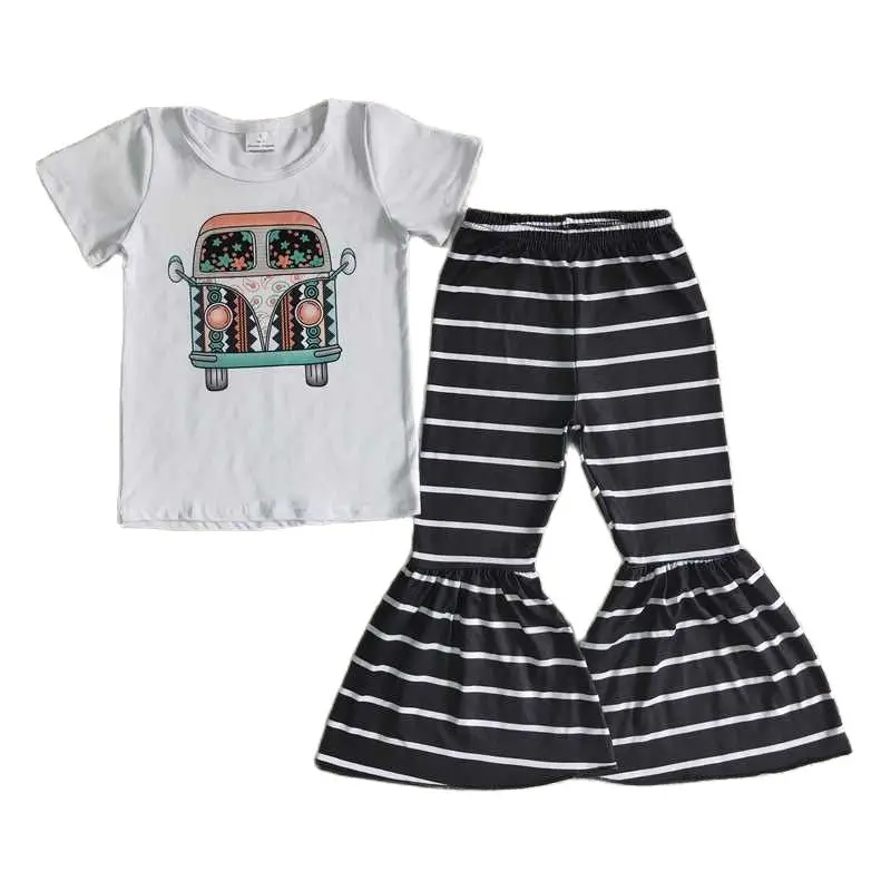 

B5-9 Baby Girl Clothes Car Pattern White Short Sleeve T-shirts Top With Striped Bell Pants 2 Piece Set Kids Clothes Girls
