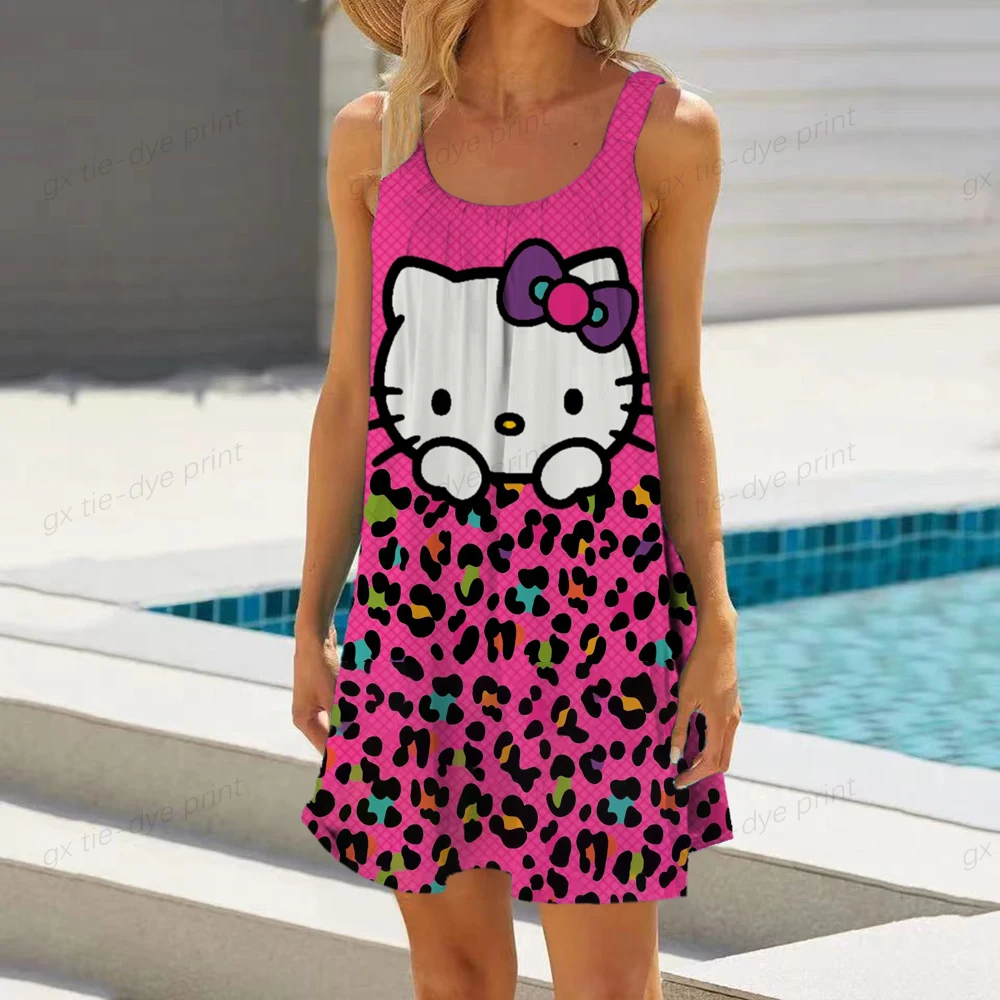 

Женское свободное пляжное платье с принтом Hello Kitty, летние большие свободные платья без рукавов в стиле бохо, пикантное повседневное мини-платье на бретелях-спагетти, Y2K