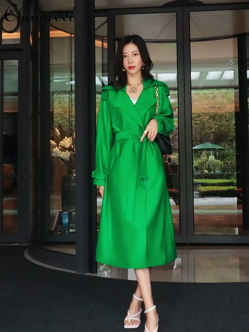

New 2023 Spring Fashion Design Lapel Classic Light Luxury British Style Trench Coat Advanced Loose Drooping Green Long Trench