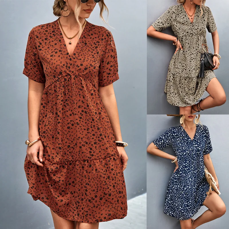 

2023 New Summer Boho Beach Mini Dress Women V-Neck Holiday Party Elegant A-Line Short Sleeve Loose Dress Casual Sexy Print Skirt