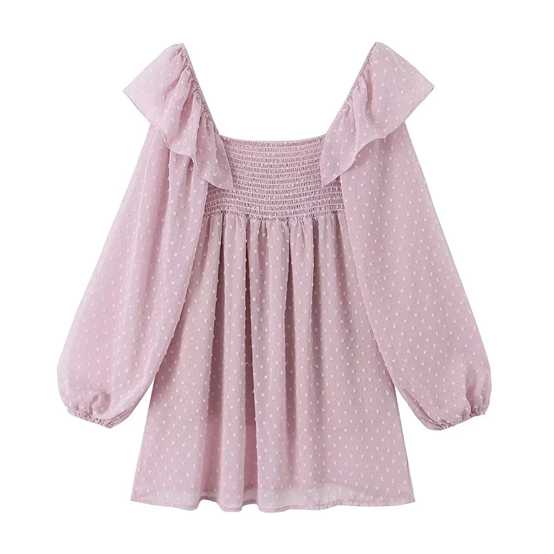 

2023 Women Pink Puff Sleeve Square Neck Summer Casual Dress Short